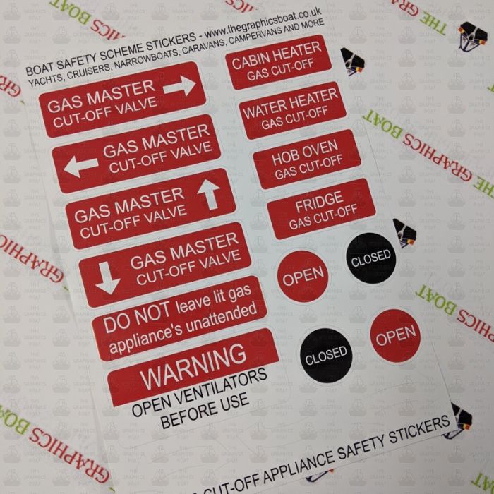 BSS Gas Cut Off Appliance Boat Safety Scheme safety stickers. The Graphics Boat