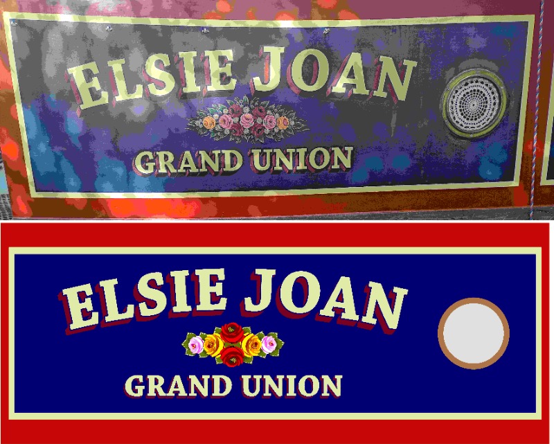 Before and after - Elsie Joan narrowboat name with canal rose